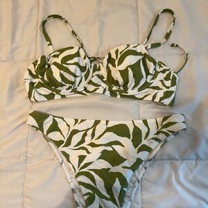 Green and White Leaf Print Bikini